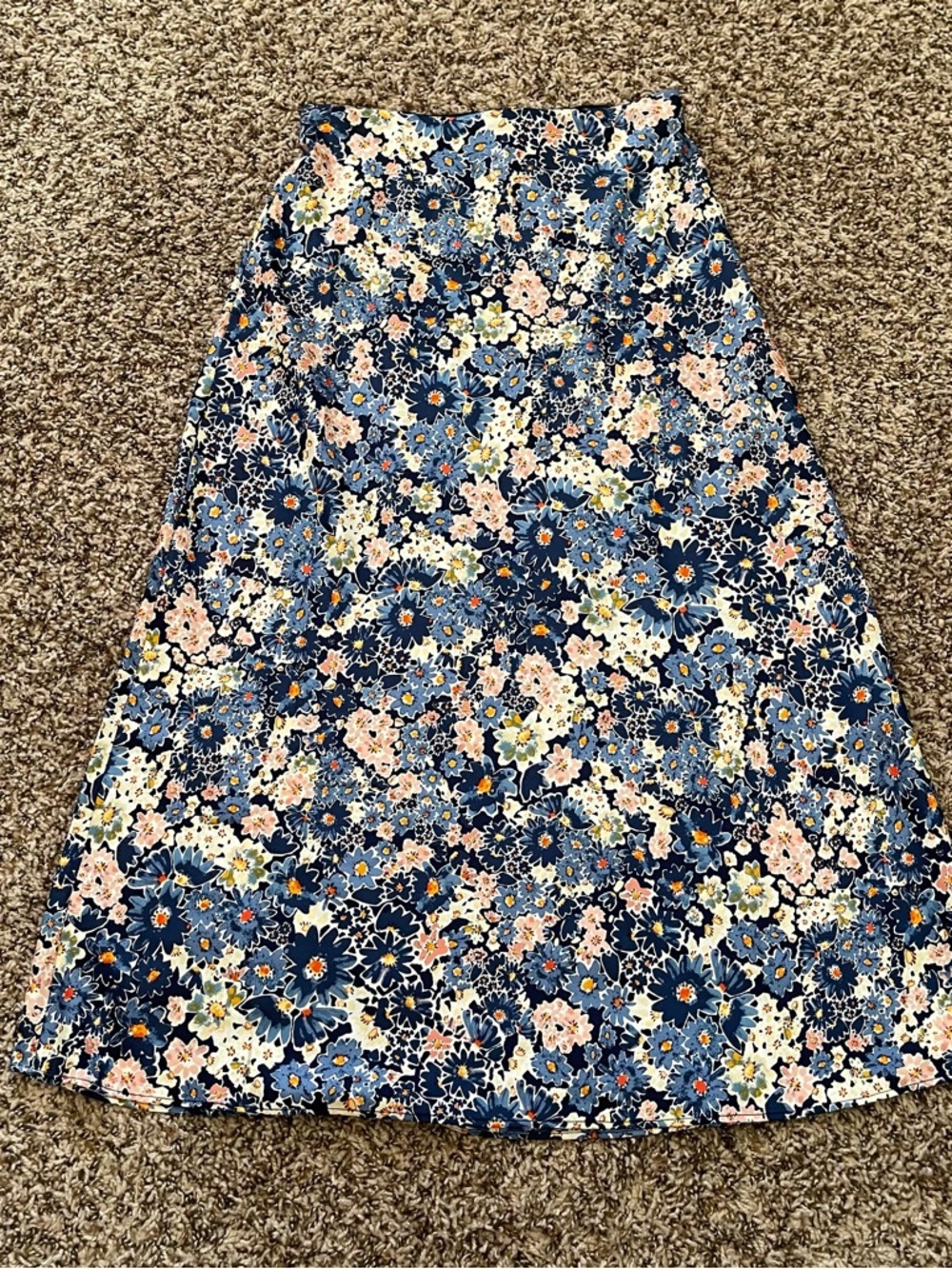 LOFT Silky Blue Floral Midi Skirt Elastic Waist Side Slit Women's Size S Elegant